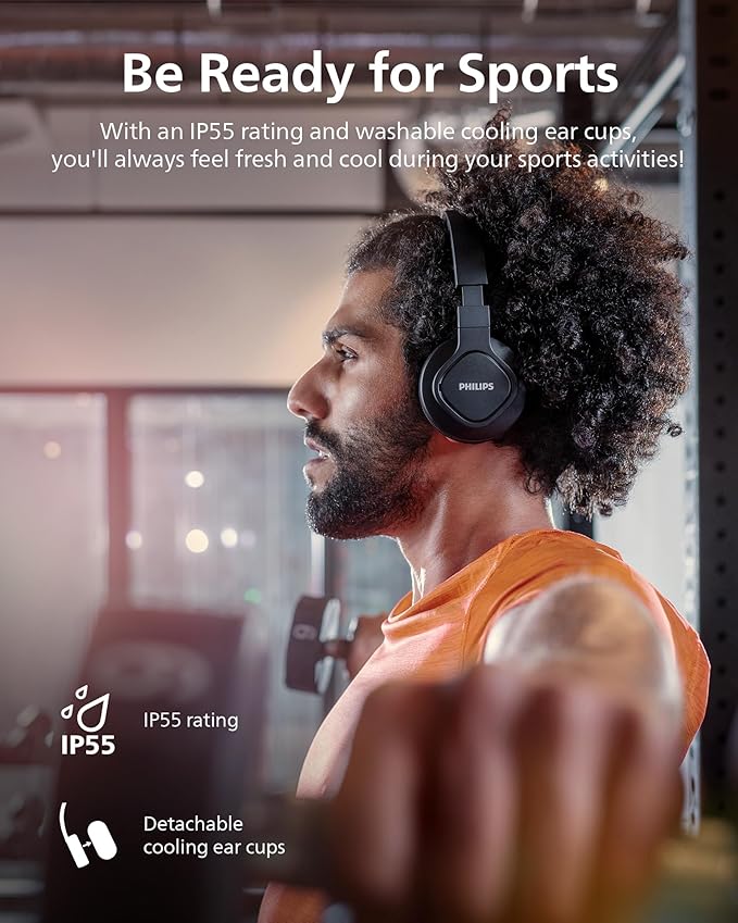 Philips A4216 Wireless Sports Headphones, up to 35 Hours Play time, Washable Cooling Ear-Cup Cushions, IP55 Water/dust Protection, Bluetooth + 3.5 mm Audio Port, Built-in Microphone TAA4216BK,Black