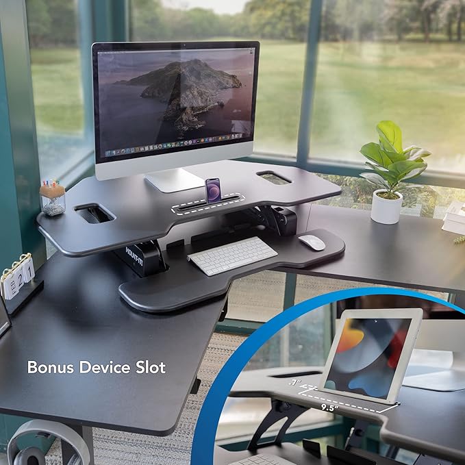 Mount-It! Corner Standing Desk Converter | Height Adjustable 43” Wide Desktop | Corner Stand Up Desk with Gas Spring Handle | Stand Up Computer Workstation with Ergonomic Keyboard Tray | Black