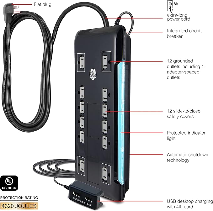 GE UltraPro 12 Outlet Surge Protector, Tethered 2 USB Ports, 8 Ft Power Cord, 4320 Joules, Flat Plug, Power Filter, Circuit Breaker, Warranty, UL Listed, Black, 11824