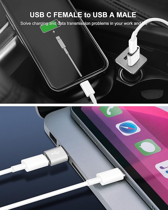 Upgraded USB C Female to USB A Male Adapter,Type C to USB A Charger Cable Converter for Apple AirPods,MacBook,iPhone 12 13 14 15 Series,iPad mini 6,Samsung Galaxy S20 S21 S22 (3Pack Silver)