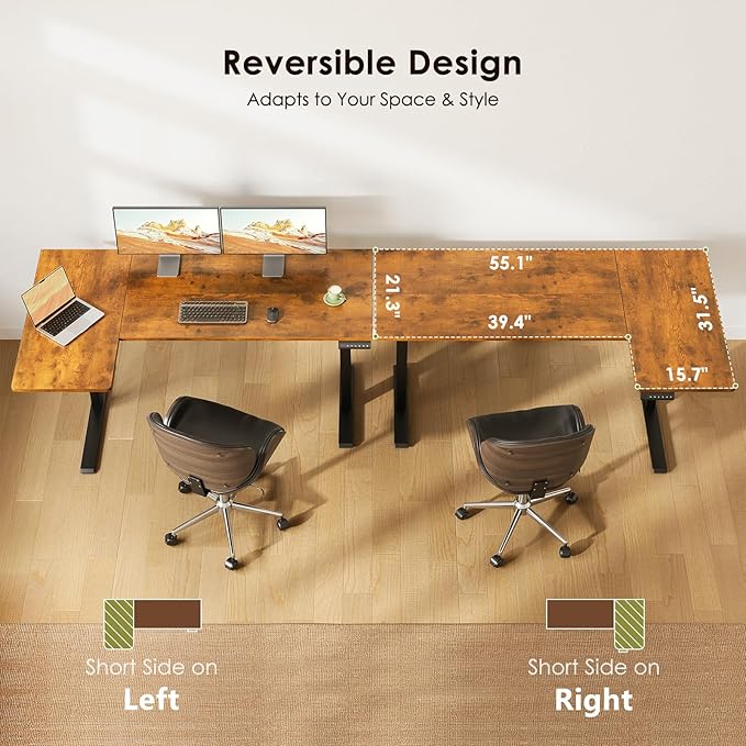 OffiGo Electric L Shaped Standing Desk, 55 Inches Height Adjustable Table, Reversiable Corner Stand Up Desk, Lifting Computer Table for Home Office, Computer Workstation, Rustic Brown