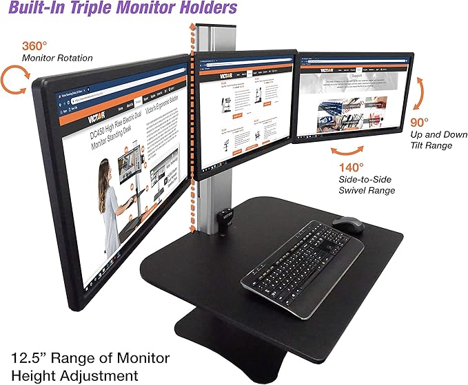 Victor DC475 High Rise Electric Triple Monitor Standing Desk Converter | Three Large Monitor Sit-Stand Desk | 28” Wide Work Surface | Compatible with Any Standard Desk | Adjustable Monitor Holder