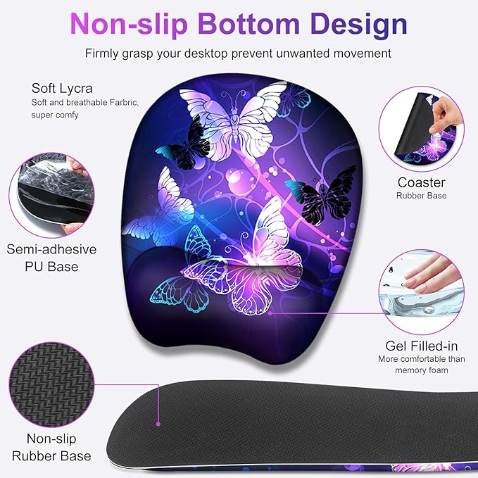 Large Mouse Pad with Wrist Support 4in1 Set, XXL Game Mousepad + Keyboard Wrist Rest+Mouse Wrist Rest+Coaster with Ergonomic Design Gaming Mat for Home Office Table Computer I Purple Butterfly