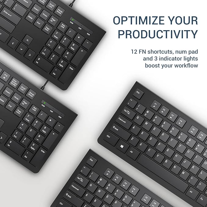 Wired Keyboard, Ultra-Thin USB Wired Computer Keyboard, Low-Profile Keys, Spill-Resistant, Multimedia Keys, Compatible with Windows, Mac, Chrome, Linux, and Android-Black
