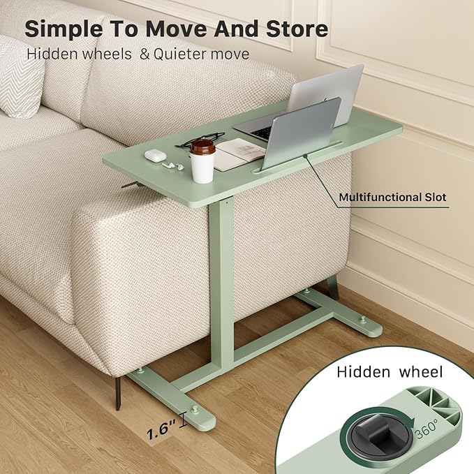 Mobile Standing Desk, Pneumatic Adjustable Rolling Desk(31.5 Inches), Portable Laptop Desk with 4 Lockable Wheels, Overbed Bedside Table Laptop Table for Couch, Home, Office, Green