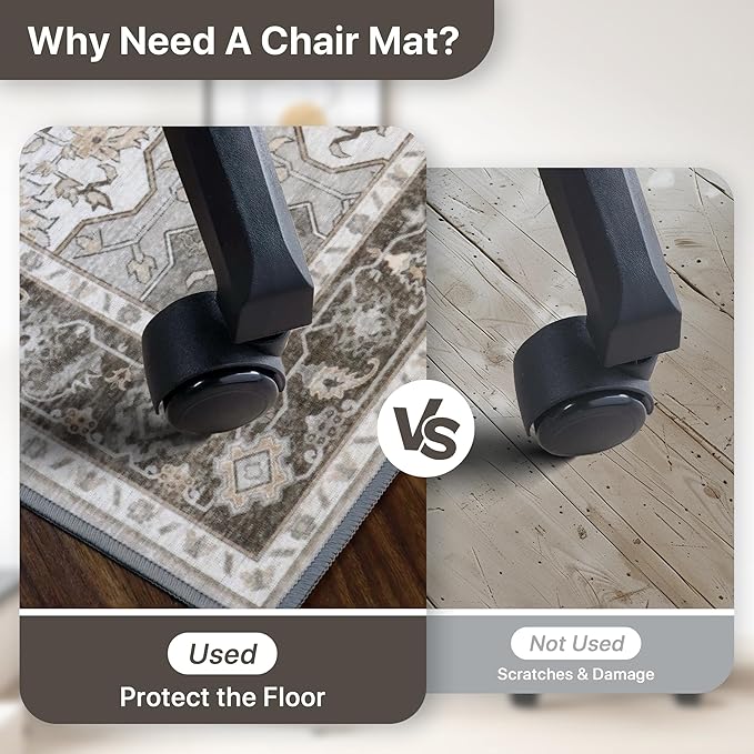 48"x72" Office Chair Mat for Hardwood Tile Floor, Under Desk Carpet Protector for Rolling Computer Chair Mat, Machine Washable Area Rug, Anti-Slip 1/5" Thick Low Pile Thin Vinyl Floor Mat, Tawny Grey