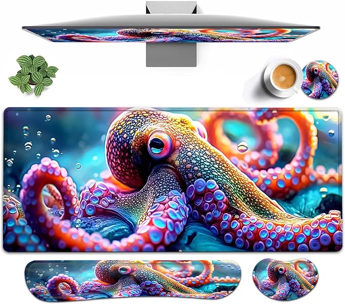 Large Mouse pad and Keyboard Support Set, Ergonomic Memory Foam Keyboard Wrist Rest, Extended Gaming Mouse Pad with Stitched Edges, Octopus XXL Desk Mat (31.5 X 11.8 in) for Home Office