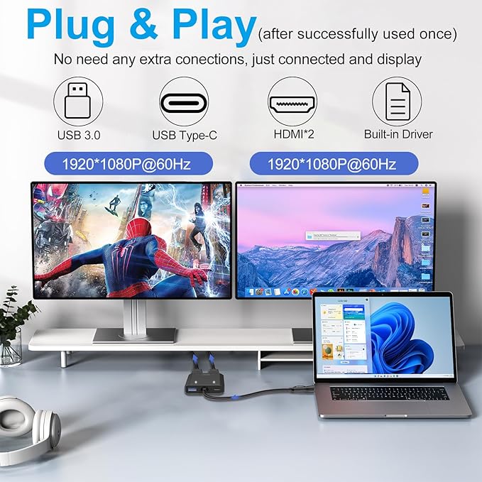 Herfair USB to HDMI Adapter [1080P Full HD] HDMI Splitter for Dual Monitors USB 3.0 to Extended Display Converter 1 in 2 Out Multiple Screen Extender for MacOS/Windows 11/10/8/7 Laptops