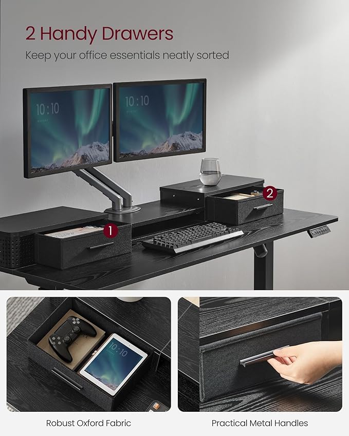 VASAGLE Electric Standing Desk with Drawers, 55.1 x 23.6 Inches, Sit Stand Desk with Power Outlet and LED Lights, Adjustable Height, Storage Shelf, 3 Memory Buttons, for Home Office, Ink Black