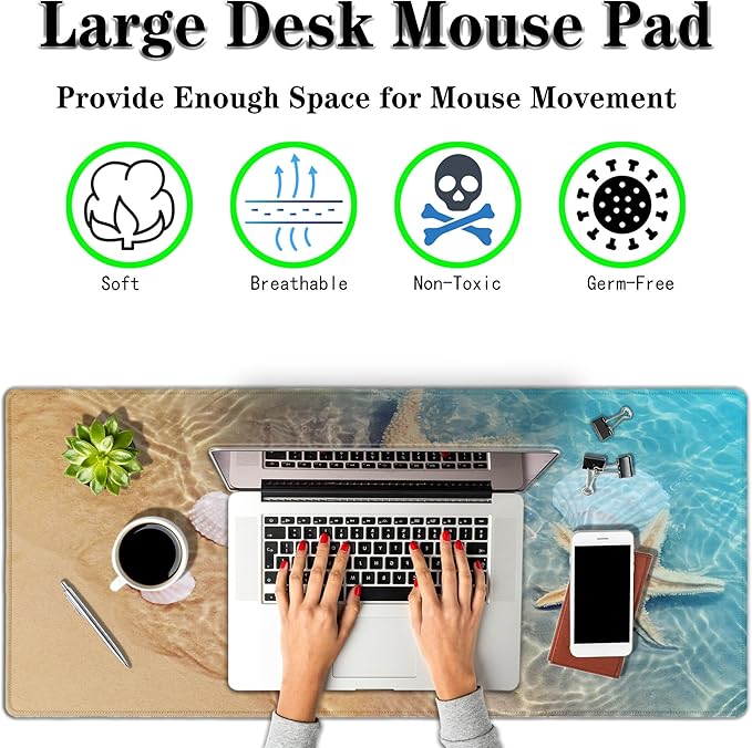 Large Mouse Pad Palm Starfish Seashell, Gaming Mouse Pads Office Desk Pads, Full Desk Mouse Pad Non-Slip Rubber Base, 35.4 X 15.7 inch for Work/Game/Office/Home Summer Beach Sea Sand Water