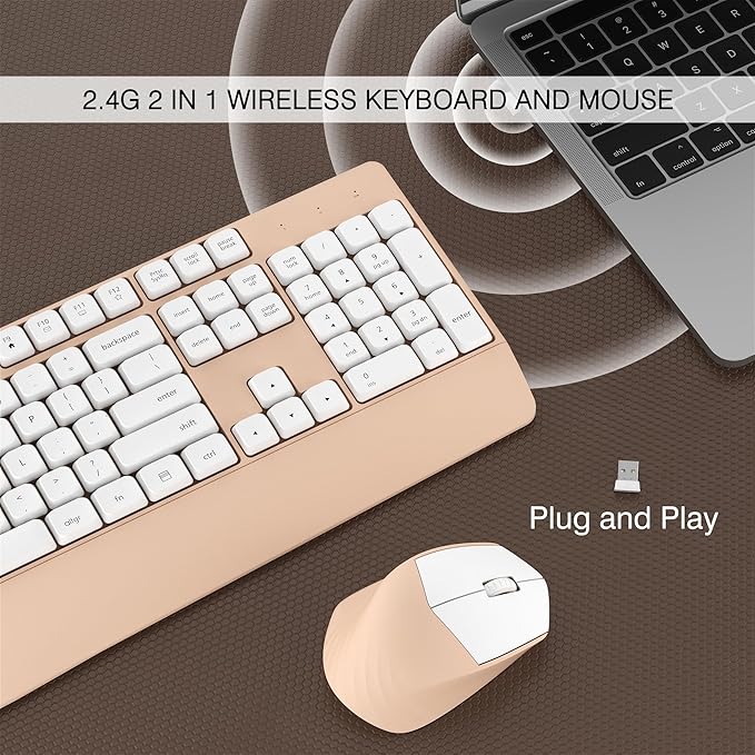 Wireless Keyboard and Mouse Combo, Full-Sized 104 Keys 2.4GHz Wireless Keyboard with Palm Rest and Wireless Mouse for Windows, Mac OS PC/Computer/Laptops/Desktops(Milk Tea)