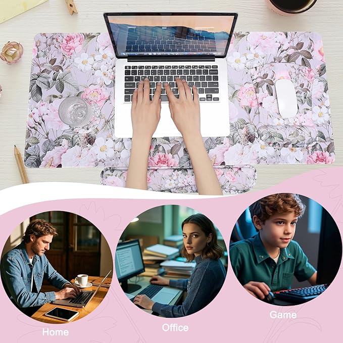 MEGREZ 4-in-1 Ergonomic Memory Foam Wrist Rest Set, Desk Pad, Mouse Pad with Wrist Rest, Keyboard Pad, Suitable for Office Workers, Programmers & Gamers–Relieve Typing & Gaming Fatigue, Pink Flowers