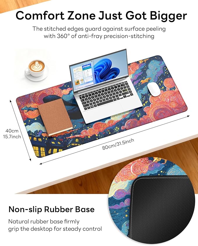 XL Gaming Mouse Pad, 31.5x15.7'' Large Desk Mat with Anti-Slip Rubber Base & Stitched Edges for Gaming, Office, Home, Flying Cat