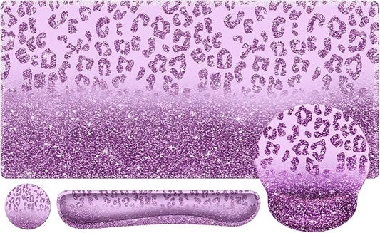 iLeadon Mouse Pad Set, Desk Mat + Mouse Pad with Wrist Rest + Keyboard Wrist Rest + Coaster, 4in1 Large Gaming Mouse Pad Glitter Leopard Mouse and Keyboard Pad Set for Home Office, Purple