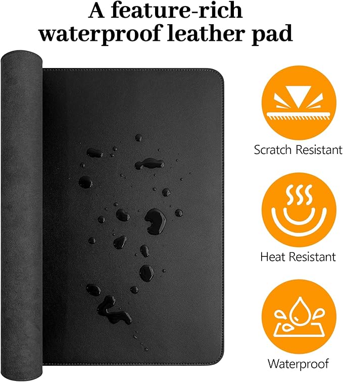 Black Leather Desk Mat Large Mouse Pad, Waterproof Desk Pad for Keyboard and Mouse, Non-Slip Computer Desk Protector, Smooth Mouse Movement Desk Mat for Home and Office(23.6"×13.8")
