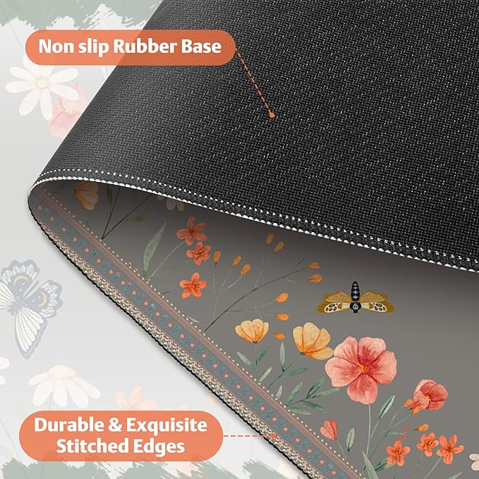 Desk Pad for Keyboard and Mouse, Large Mouse Pad for Desk, Non-Slip Keyboard Mat, Computer Mats for Desk, Cute Desk Pad with Stitched Edges for Office, Gaming I Brown Butterflies Flowers