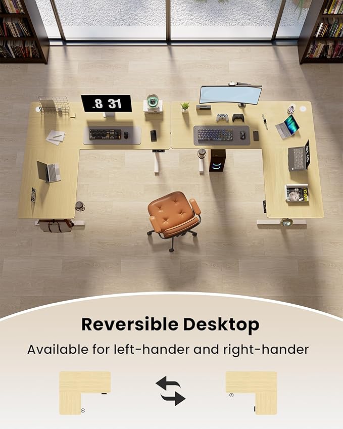 63 Inches Reversible L Shaped Standing Desk for Home Office, Electric Height Adjustable Corner Computer Desk, Sit Stand up Table with Cup Holder, Ergonomic Gaming Desk, Oak