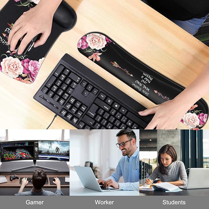 Keyboard Wrist Rest Pad and Ergonomic Mouse Pad Wrist Support Set Peony Flower Stay Positive Work Hard and Make It Happen for Gaming, Office, Comfortable and Pain Relief with Coaster Set