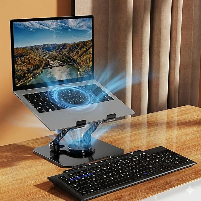 Black Laptop Cooling Stand with Turbo Fan, Adjustable Height & Angle, 360° Rotating Aluminum Notebook Riser for Up to 15.6” Laptops & Tablets (Best for 13” Lightweight Devices)