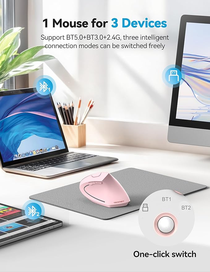 TECKNET Ergonomic Mouse, Rechargeable 2.4G+Bluetooth Vertical Mice 6 DPI Adjustable, Wireless Optical Carpal Tunnel Mouse Right Hand, Multi Device for Laptop, PC, Computer, MacBook, iPad - Pink