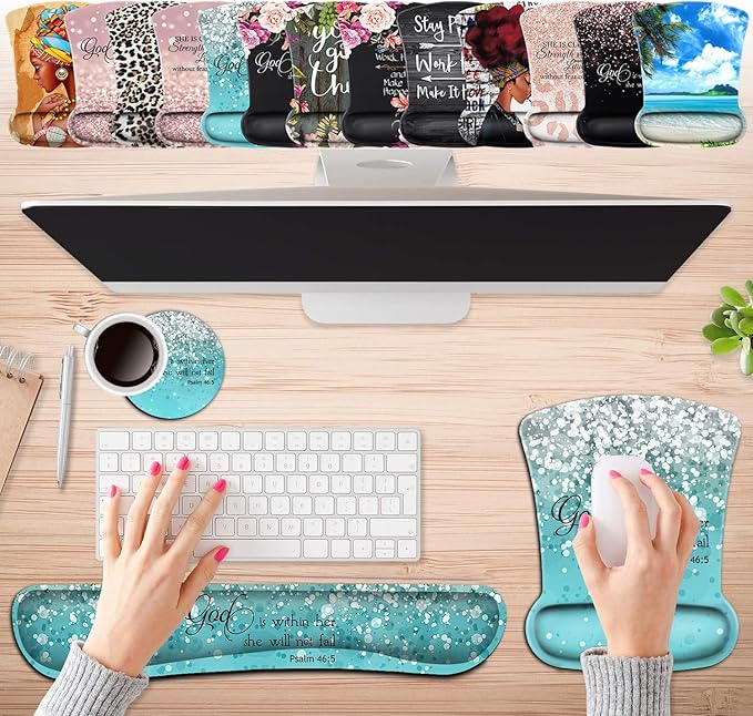 Keyboard Wrist Rest Pad and Ergonomic Mouse Pad Wrist Support Set Psalm 46:5 God is Within Her, She Will Not Fall Blue Glitter for Gaming, Office, Comfortable and Pain Relief with Coaster Set