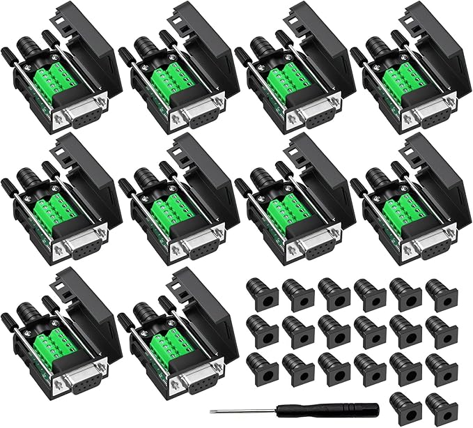 DB9 Breakout Connector, Female 9 pin RS232 connectors, Solderless D-SUB RS485 Serial Adapter Module Board with Screw Terminals, Case, Long Bolts 10 PCS