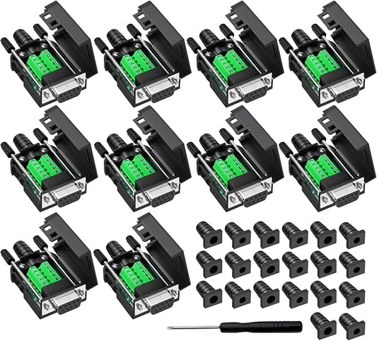 DB9 Breakout Connector, Female 9 pin RS232 connectors, Solderless D-SUB RS485 Serial Adapter Module Board with Screw Terminals, Case, Long Bolts 10 PCS