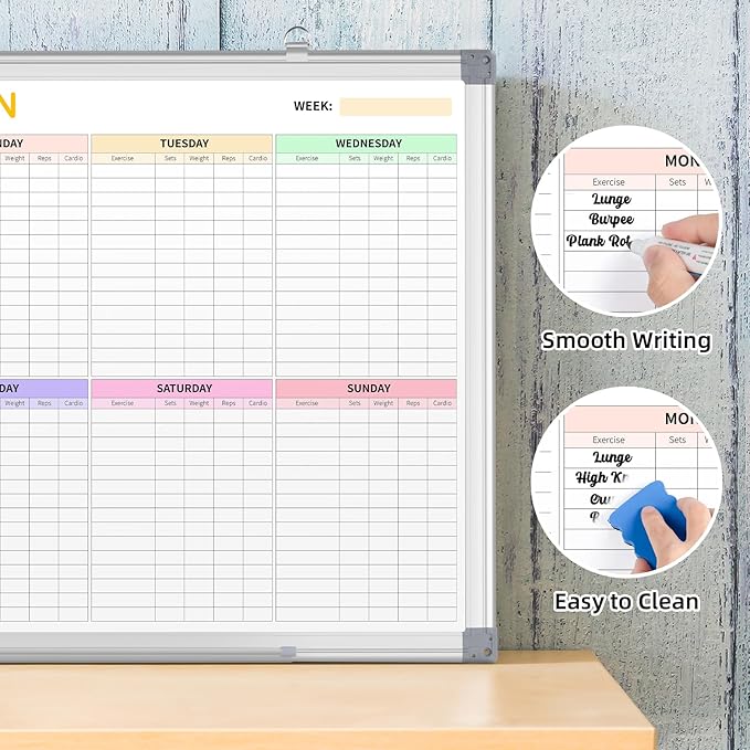 Fitness Tracker Magnetic Whiteboard Workout Plan Dry Erase Board for Wall 24'' x 18'',Hanging Mounted Weekly Fitness Tracker Gym Exercise Tracker Schedules and Checklists