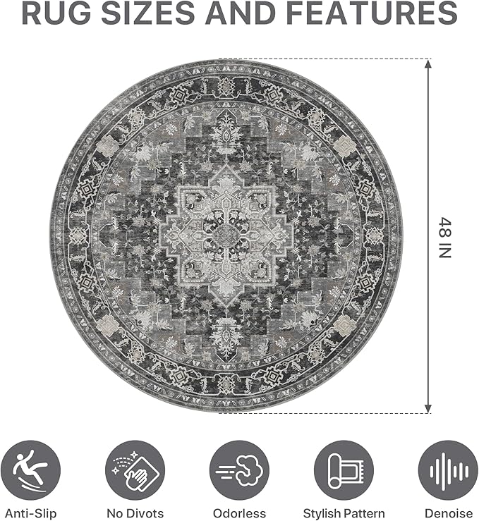 48"x48" Office Chair Mat for Hardwood Tile Floor, Under Desk Carpet Protector for Rolling Computer Chair Mat, Machine Washable Round Area Rug, Anti-Slip 1/5" Thick Low Pile Thin Floor Mat, Black
