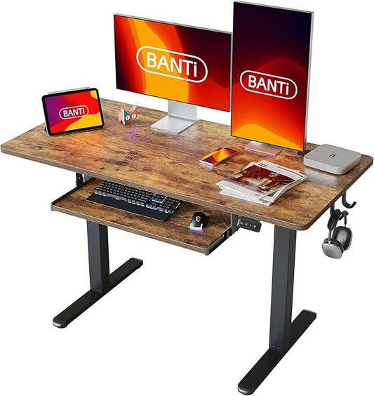 BANTI 48" x 24" Height Adjustable Electric Standing Desk with Keyboard Tray, Sit Stand up Desk with Splice Board, Black Frame/Rustic Brown Top