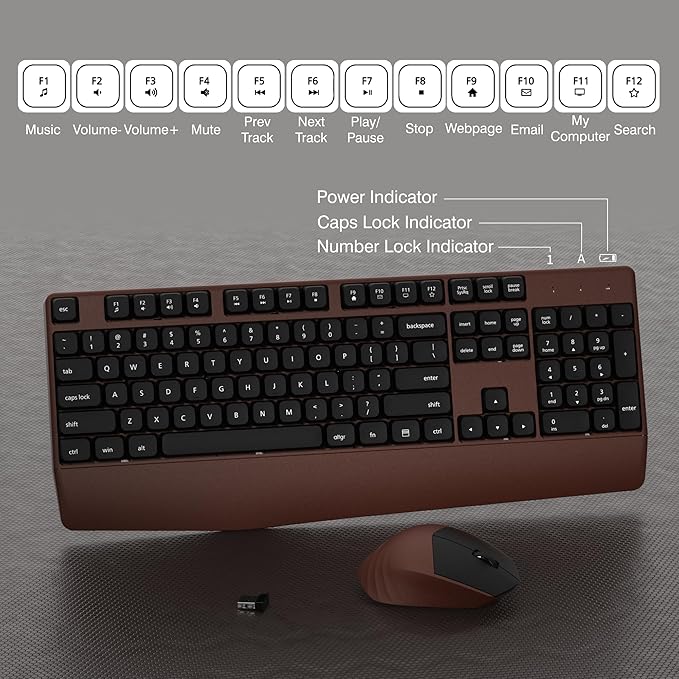 Wireless Keyboard and Mouse Combo, Full-Sized 104 Keys 2.4GHz Wireless Keyboard with Palm Rest and Wireless Mouse for Windows, Mac OS PC/Computer/Laptops/Desktops(Coffee)