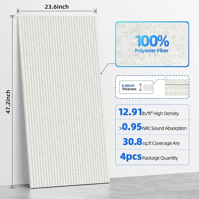 4 Pack Large Acoustic Panels Sound Absorbing with Self-Adhesive, 47.2”*23.6”*0.36” High Density Sound Proof Foam Panels for Walls, 3D Vertical Soundproof Wall Panels for Home Studio Office Decor-Ivory