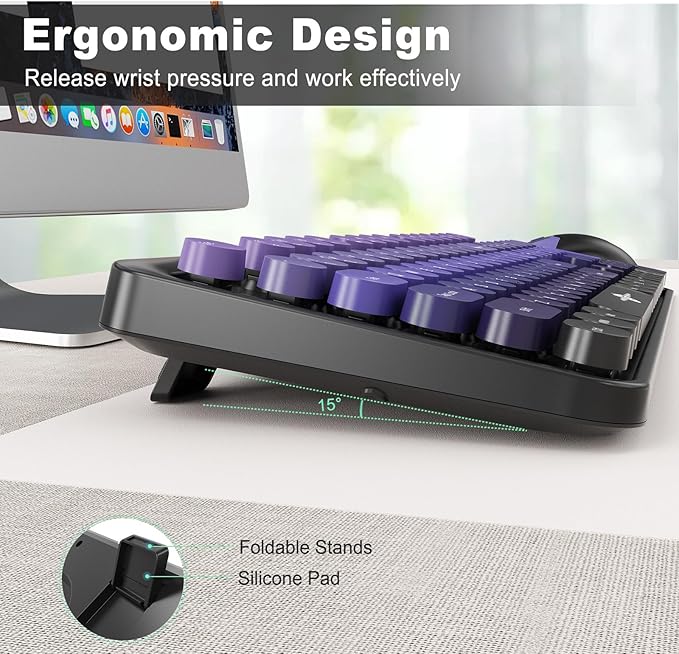 Wireless Keyboard Mouse Combo,Typewriter Cute Retro Style,104 Round Key Colorful Keyboard with Number Pad,Letton Full Size Keyboard Mouse with 3 DPI for PC Laptop Computer-Black Purple