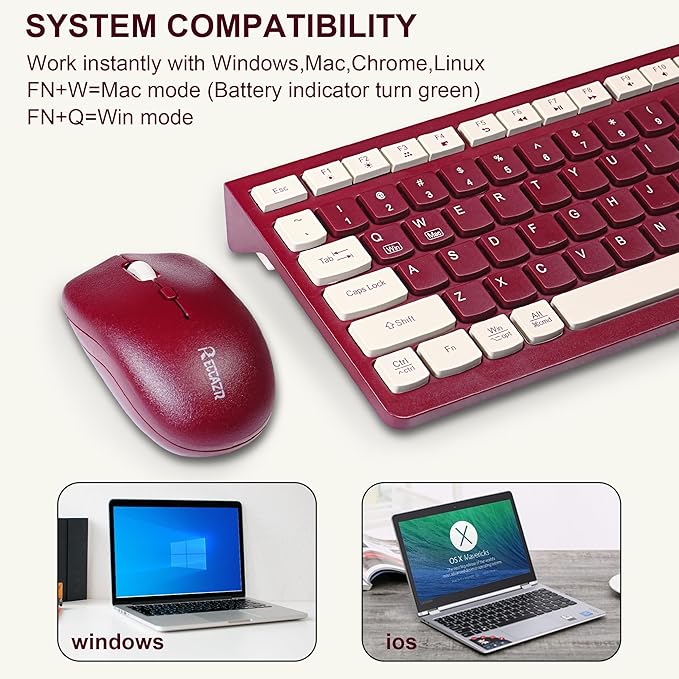 Wireless Keyboard and Mouse Combo, Reccazr 2.4G Full-Sized Keyboard and Mouse Cordless, 3 DPI Adjustable Mouse, Dual-System Keyboard for Computer/Laptop/Windows/Mac (Wine red)