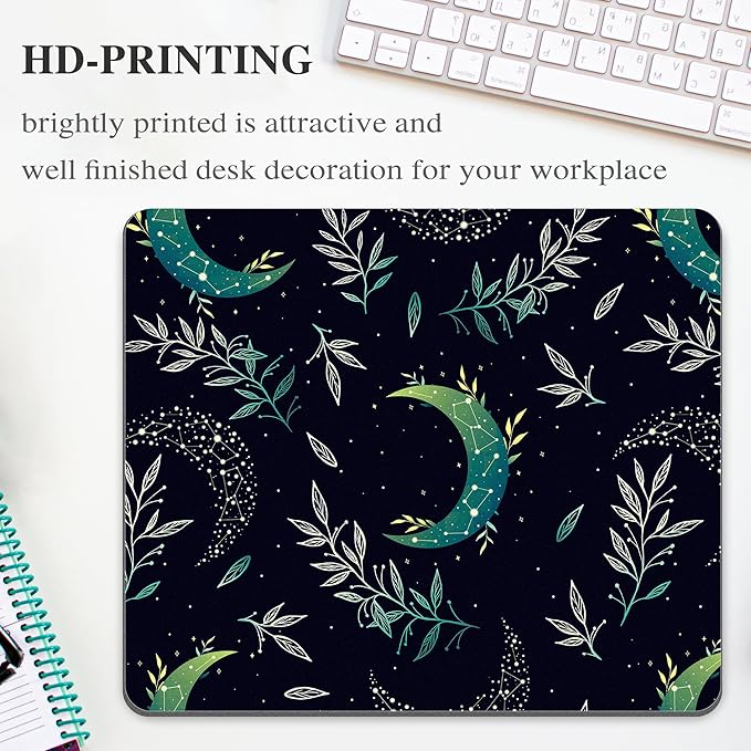 Black Moon Stars Mouse Pad Cute, Mystical Herb Square Computer Mousepads Washable Dark Boho Crescent Magic Nature Leaf Desk Mouse Pads Non-Slip Rubber Base for Gaming Office Laptop Wireless Mouse