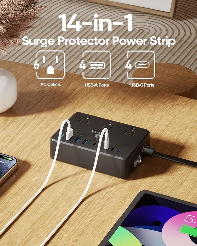 100W Power Strip, 6 AC Outlets 8 USB Ports(4 USB C) with 2000J Surge Protector, 5ft Flat Plug Extension Cord, Compact for Desk Home Office Dorm, Black
