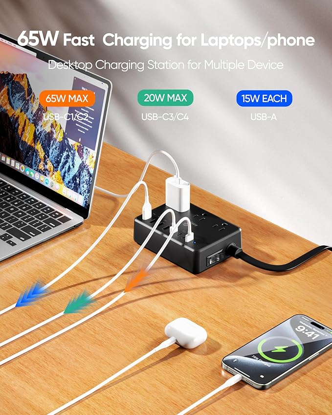 100W Power Strip, 6 AC Outlets 8 USB Ports(4 USB C) with 2000J Surge Protector, 5ft Flat Plug Extension Cord, Compact for Desk Home Office Dorm, Black