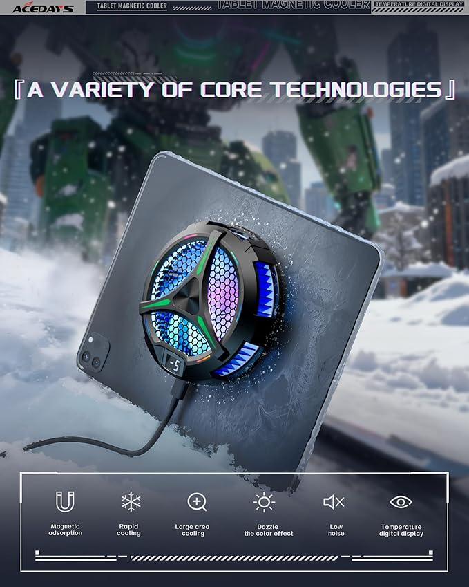 Magnetic Cooler for iPad,Tablet Cooler for ipad/Surface pro/Samsung Tab,Universal Radiator with Temperature Display for Mobile Gaming,Tiktok Live Streaming(Including Tablet Stand Holder)