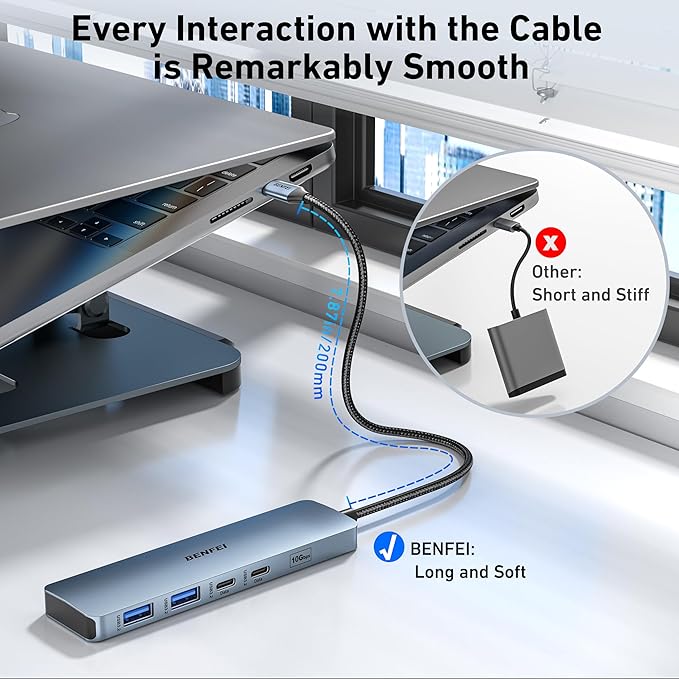 BENFEI USB C HUB 6-in-1 with HDMI(4K@60Hz), 100W Power Delivery, 10Gbps 2*USB-A and 2*USB-C, Silicone Cable, Aluminum Case Compatible with iPhone 15 Pro/Max, MacBook, iPad Pro, iMac, S23, XPS17