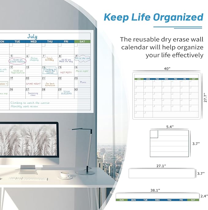 Large Dry Erase Calendar - Undated 1 Month Dry Erase Calendar for Wall, 40" x 28", Erasable & Reusable Laminated Dry Erase Wall Calendar with 10 Round Stickers, Large Space for Office