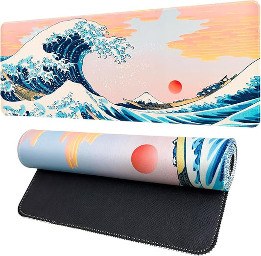 Japanese Mouse Pad,Large Gaming Mousepads for Desk, Summer Sea Wave Keyboard Pad,Non-Slip Rubber Base Mouse Mat for School,Office,Home 31.5 x 11.8 Inch