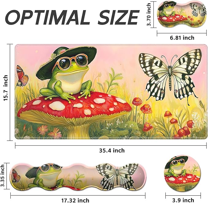 Gaming Mouse Pad Set, Frog Mushroom Large Desk Mat Mousepad, Keyboard Wrist Support, Mouse Wrist Rest, Coaster 4in1 Ergonomic Memory Foam, Non-Slip Stitched Edge for Home Office