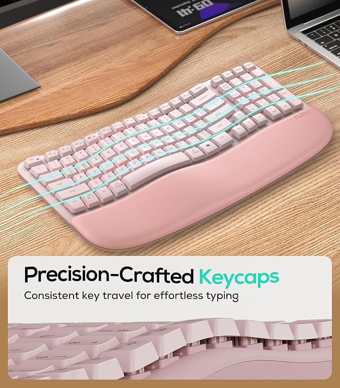 Nulea RT08 Wave Keys Wireless Ergonomic Keyboard with Cushioned Palm Rest, 2.4GHz Ergo Cordless USB Computer Keyboard, Comfortable Natural Typing, for Laptop, Mac, Windows (Pink)