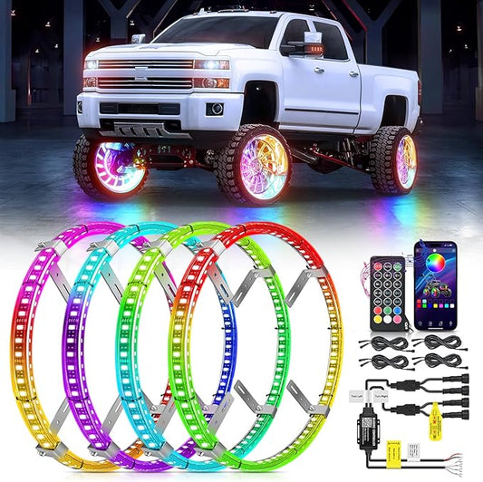 Nilight 4PCS 15.5inch Double Row Wheel Ring Lights Dream Color with APP and Remote Control Neon Lights w/Turn Signal and Braking Function Dual Row for Car Van SUV Truck