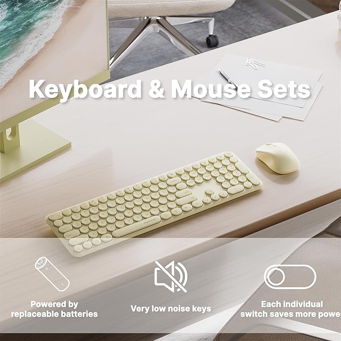 x UBOTIE Wireless Keyboard and Mouse Combo with 110 Round Keycaps, Power Switch, and Scissor-Switch Typing Feel – Ideal for Office Use(Khaki)