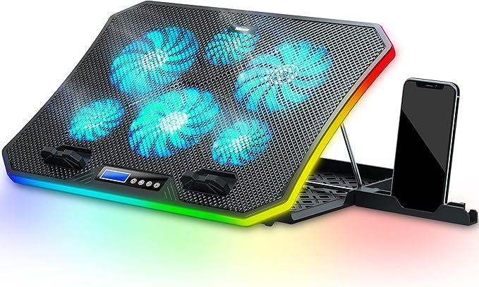 TopMate C12 Laptop Cooling Pad RGB Gaming Notebook Cooler for Desk and Lap Use, Laptop Fan Stand 8 Adjustable Heights with 6 Quiet Fans and Phone Holder, for 15.6-17.3 Inch Laptops-Ice Blue LED Light