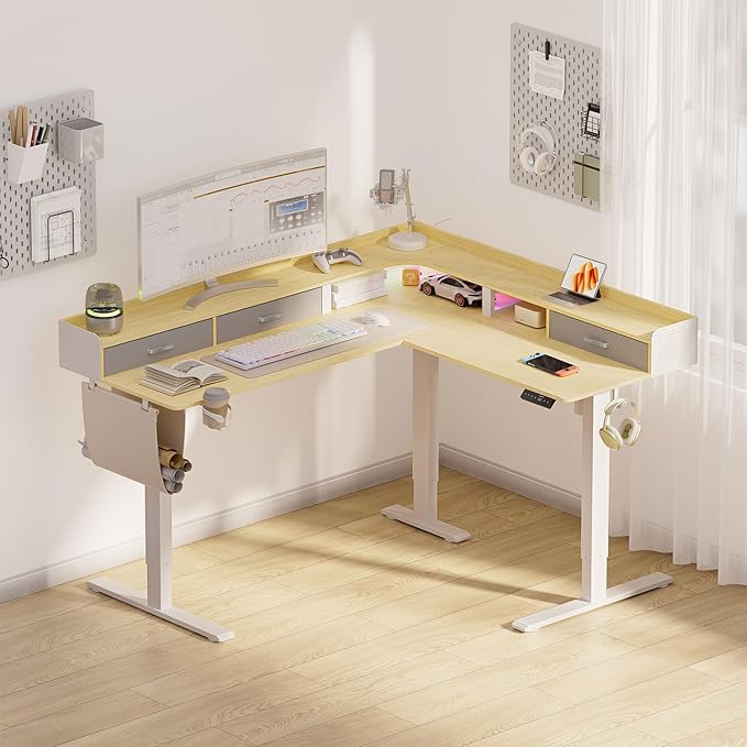63 Inches Height Adjustable L Shaped Standing Desk with 3 Drawers and Monitor Shelf, Electric Sit to Stand Home Office Comupter Table, Ergonomic Corner Gaming Desk, Oak