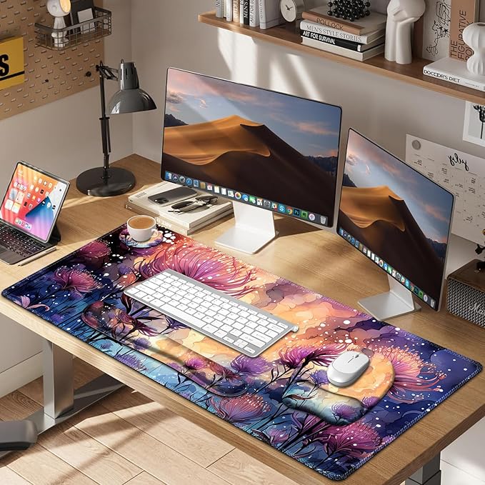 4 in 1 Large Mouse Pad, Keyboard Wrist Rest Set, Ergonomic Mouse Pad with Wrist Support, Desk Mat with Stitched Edges, Extended Desk Pad Waterproof Desk Mat for Home Office I Blossom Purple Flower