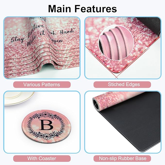 Pink Large Gaming Mouse Pad with Coaster, Desk Mat, Mouse Pad for Computer Keyboard Laptop Office Decor, Stitched Edges Extended Mousepad, 31.5'' x15.6'' -Letter B