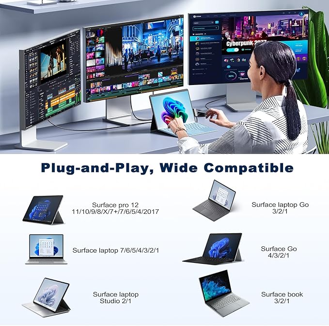 MS Surface Dock Triple Displays 4K@60Hz HDMI+ USB C + DP with 120W Power Adapter,Surface Pro Docking Station for Microsoft Surface Pro 12/11/10/9/8/7,Surface Laptop7/6/5/4/Surface Go